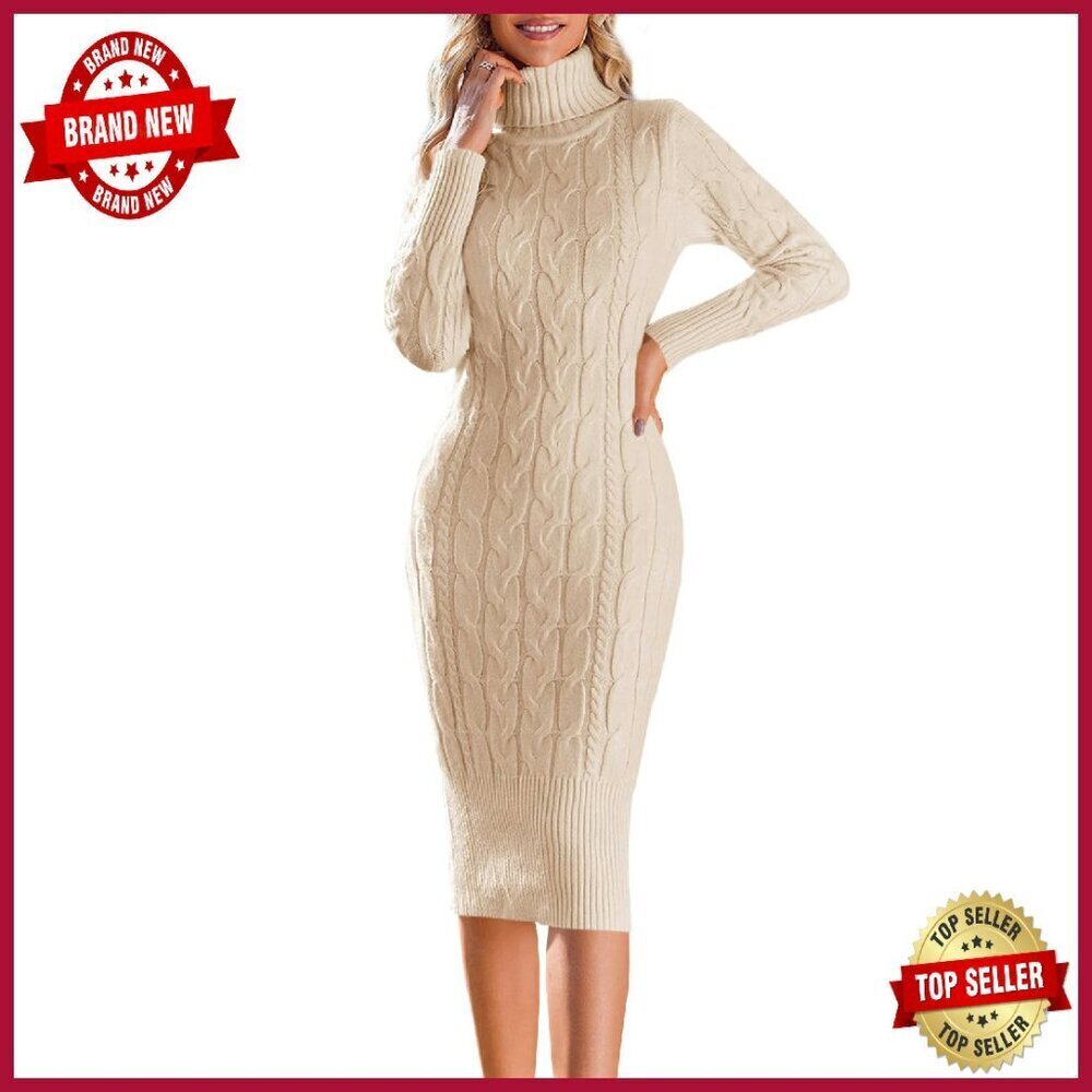 Long Sleeve Turtleneck Sweater Dress Knitted Bodycon Midi Sheath